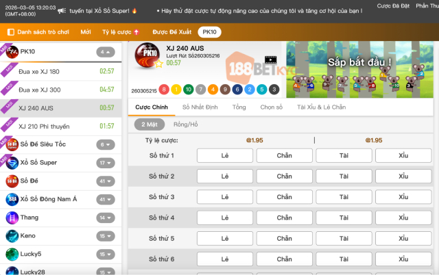 Màn hình giao diện chơi xổ số PK10 tại 188BET hiển thị rõ ràng các cửa cược.